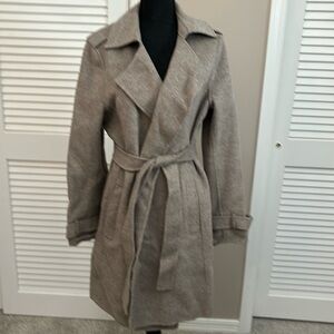 Banana republic size, large, tannish, gray, and color, belted pea coat.